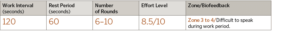 Work Interval (seconds),Rest Period (seconds) ,Number of Rounds,Effort Level,Zone Biofeedback,120,60,6 10,8 5 10,Zone   