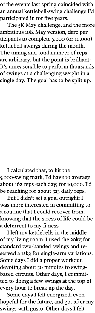 of the events last spring coincided with an annual kettlebell-swing challenge I d participated in for five years  The   