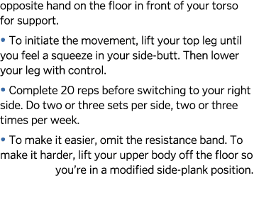 opposite hand on the floor in front of your torso for support    To initiate the movement, lift your top leg until yo   