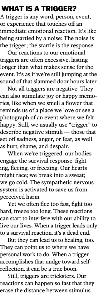  What Is a Trigger  A trigger is any word, person, event, or experience that touches off an immediate emotional react   