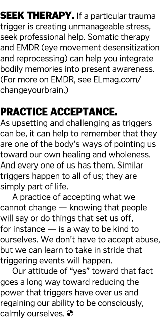  Seek therapy  If a particular trauma trigger is creating unmanageable stress, seek professional help  Somatic therap   