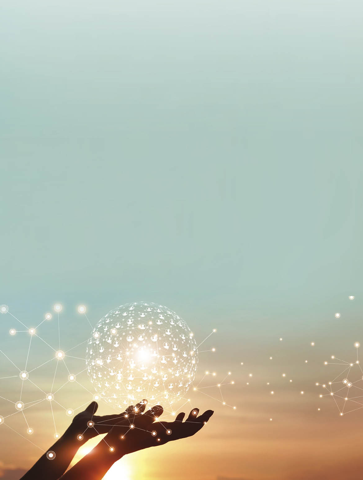 Man hands holding global network and data customer connection on nature background 