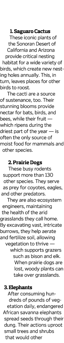   1  Saguaro Cactus These iconic plants of the Sonoran Desert of California and Arizona provide critical nesting habi   