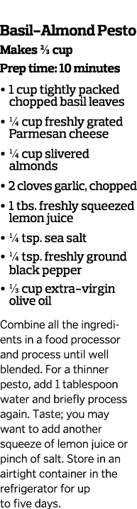  Basil-Almond Pesto Makes 2 3 cup Prep time  10 minutes    1 cup tightly packed chopped basil leaves      cup freshly   