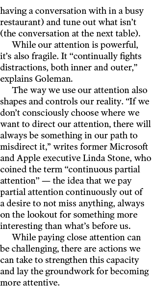 having a conversation with in a busy restaurant  and tune out what isn t  the conversation at the next table   While    