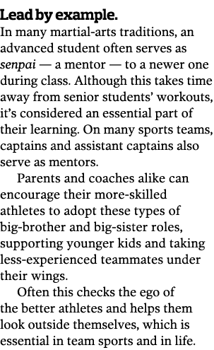Lead by example  In many martial-arts traditions  an advanced student often serves as senpai — a mentor — to a newer    