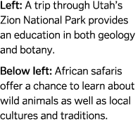 Left  A trip through Utah s Zion National Park provides an education in both geology and botany  Below left  African    