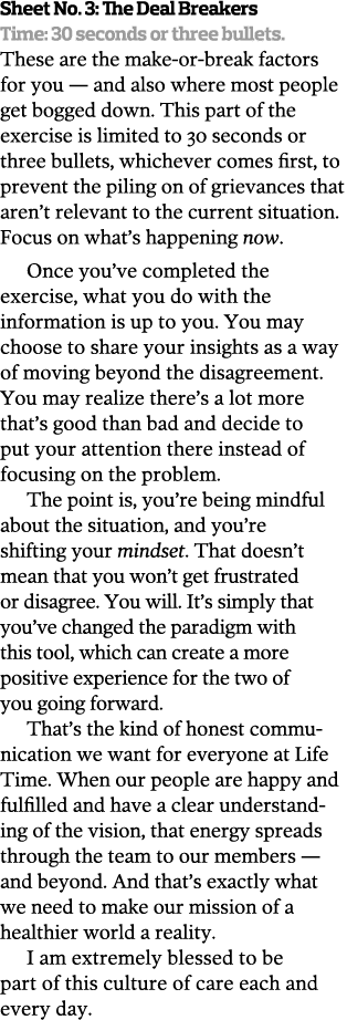 Sheet No  3  The Deal Breakers Time  30 seconds or three bullets  These are the make-or-break factors for you — and a   