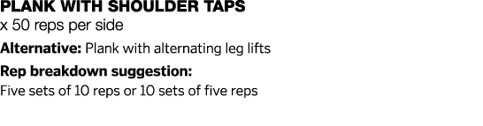 Plank With Shoulder Taps x 50 reps per side Alternative: Plank with alternating leg lifts Rep breakdown suggestion: F   
