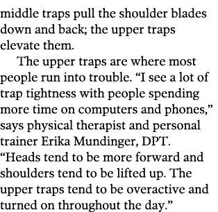 middle traps pull the shoulder blades down and back; the upper traps elevate them  The upper traps are where most peo   