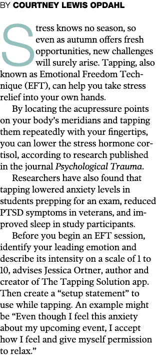 BY COURTNEY LEWIS OPDAHL Stress knows no season, so even as autumn offers fresh opportunities, new challenges will su   