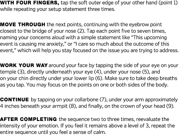 With four fingers, tap the soft outer edge of your other hand (point 1) while repeating your setup statement three ti   