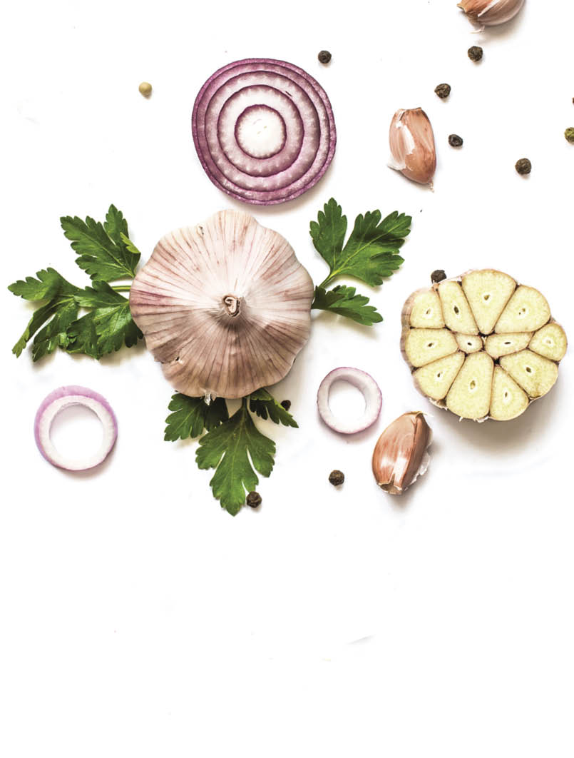 garlic, red onion, parsley and pepper isolated on white background  top view