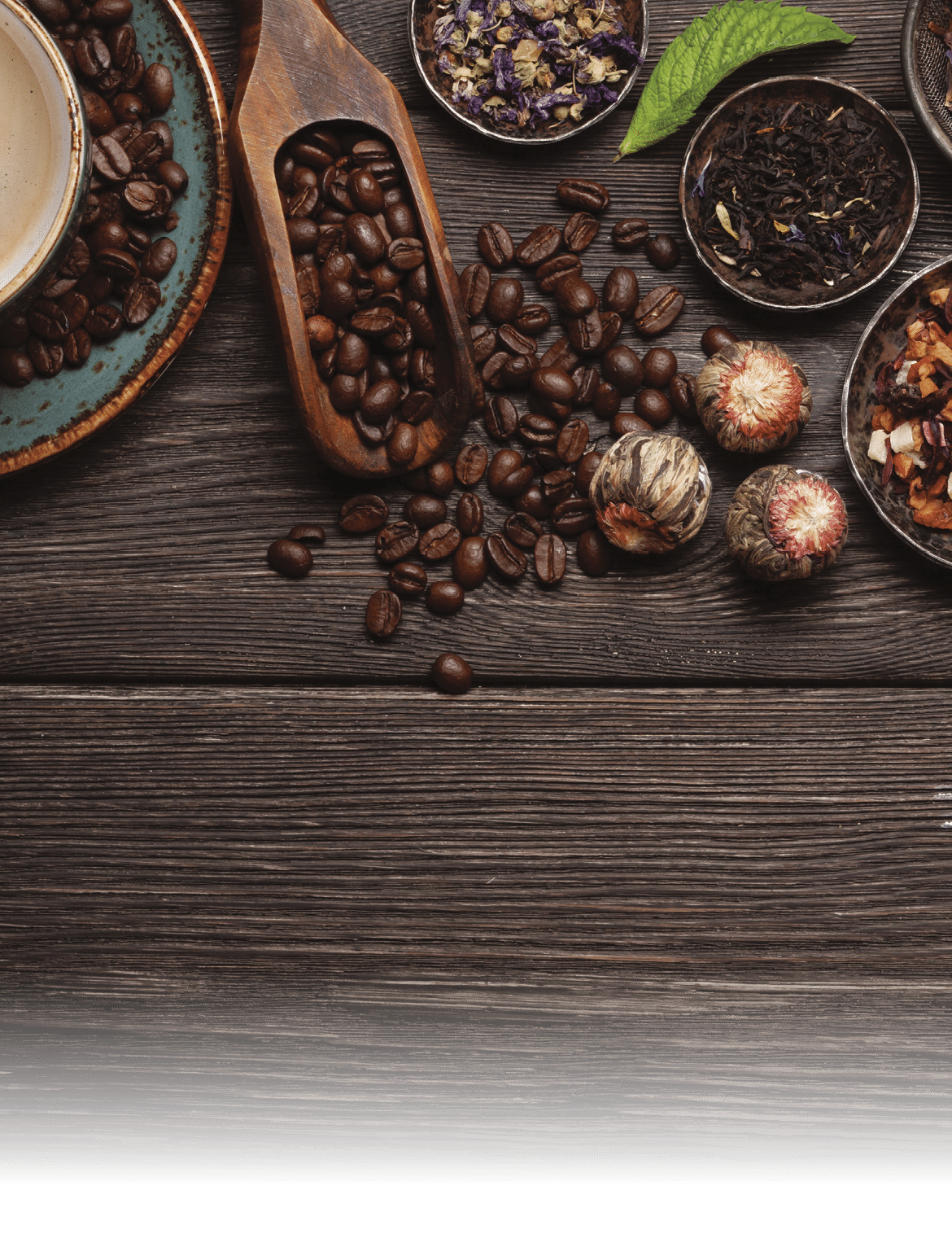Various herbal tea and espresso coffee on wooden table  Top view with copy space  Flat lay