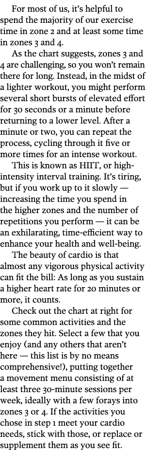 For most of us, it s helpful to spend the majority of our exercise time in zone 2 and at least some time in zones 3 a   
