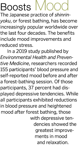 Boosts Mood The Japanese practice of shinrin-yoku, or forest bathing, has become increasingly popular worldwide over    