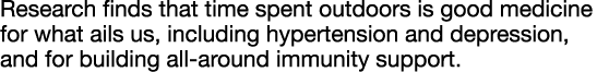 Research finds that time spent outdoors is good medicine for what ails us, including hypertension and depression, and   