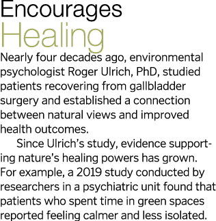 Encourages Healing Nearly four decades ago, environmental psychologist Roger Ulrich, PhD, studied patients recovering   